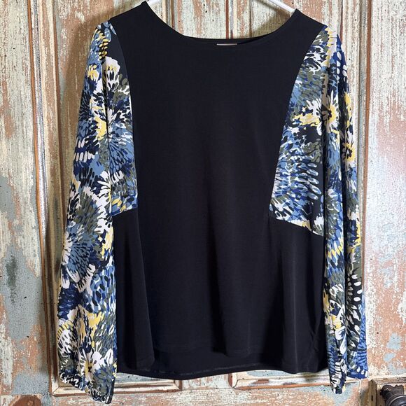 Chicos Size 2/L  Black With Floral Sleeves Colorblock Lightweight Long Sleeve - Picture 1 of 8
